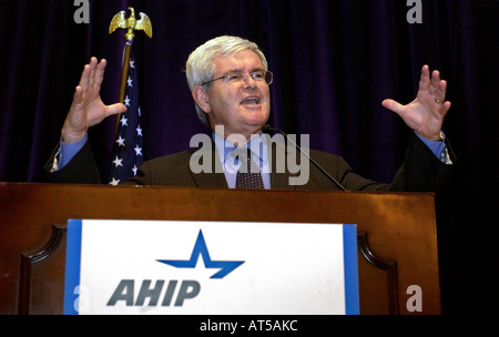 Newt Gingrich speaks during the America s Heath Insurance Plans AHIP 2005 National Policy Forum in Washington. Stock Photo