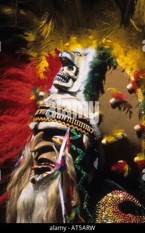 Portrait of a tobas warrior dancer wearing a feather headdress in the Bolivian national colours, Ch'utillos festival, Potosi, Bolivia Stock Photo