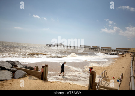 SOUTHWOLD NORTH BEACH WITH SEA DEFENCES AND PIER Stock Photo