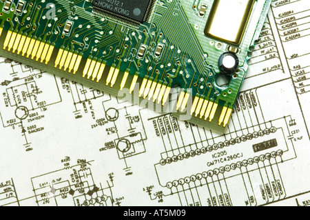 circuit board and schematic drawing of an electronic plan Stock Photo
