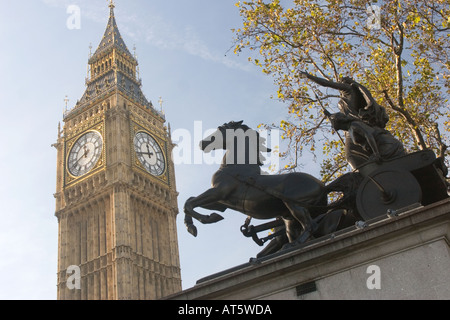 Statue of Boudica with chariot and leaping horses, located  near Westminster Bridge and the Houses of Parliament  London GB UK Stock Photo