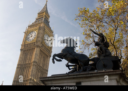 Statue of Boudica with chariot and leaping horses, located near Westminster Bridge and the Houses of Parliament  London GB UK Stock Photo