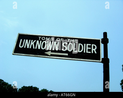 Sign & Arrow Pointing Towards The Tomb of the Unknown Soldier at Arlington National Cemetery in Washington DC Copy Space Stock Photo