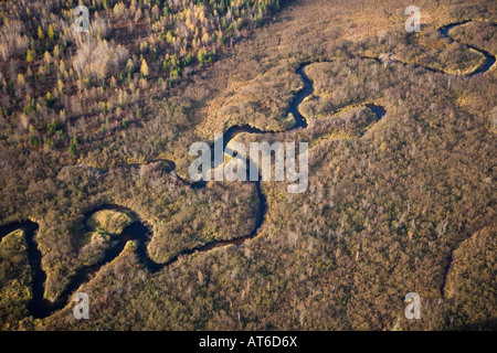 Aerial view of the Nulhegan River in Ferdinand, Vermont. Stock Photo