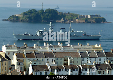 F236 HMS Montrose Royal Navy ship passing Drake Island Plymouth Devon England UK Stock Photo