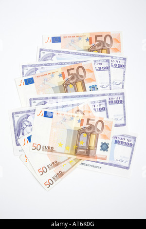 Traveller checks and european currency, elaveted view Stock Photo