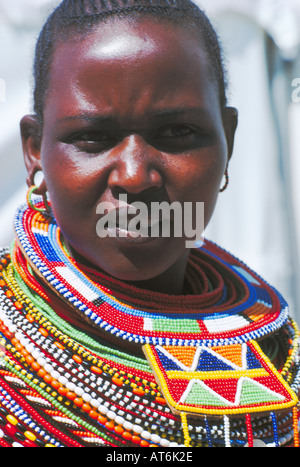 Portrait of a Maasai Woman from Kenya with Colorful African Bead Necklace Jewelry around her Neck Stock Photo