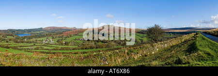 A picturesque panoramic view of Sheepstor village, Sheepstor and Burrator Reservoir on the southern slopes of Dartmoor. Devon, UK Stock Photo