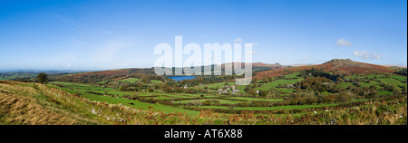 A picturesque panoramic view of Sheepstor village, Sheepstor and Burrator Reservoir on the southern slopes of Dartmoor. Devon, UK Stock Photo