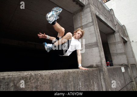 traceur practicing parkour in Germany Stock Photo