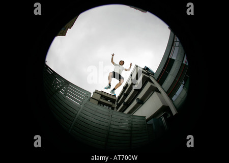 traceur practicing parkour in Germany Stock Photo