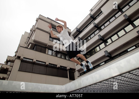 traceur practicing parkour in Germany Stock Photo