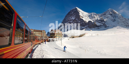 Jungfraujoch railway at Kleiner Scheidegg with the  North Face of the Eiger behind Stock Photo