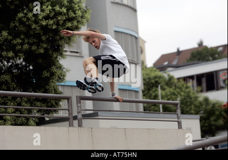 traceur practicing parkour in Germany Stock Photo