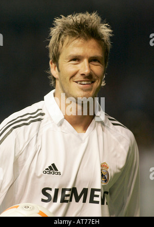 Real Madrid's David Beckham of England smiles during a soccer match in Navarra Stock Photo