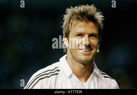 Real Madrid's David Beckham of England smiles during a soccer match in Navarra Stock Photo