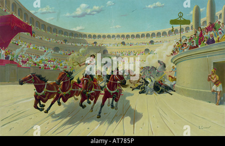 The Ben Hur Chariot race in the Circus Maximus with an accident in the back Stock Photo