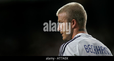 Real Madrid's David Beckham of England looks on during a soccer match at the Santiago Bernabeu stadium in Madrid Stock Photo