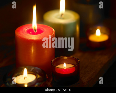 Assorted colours candles and tea light candles Stock Photo