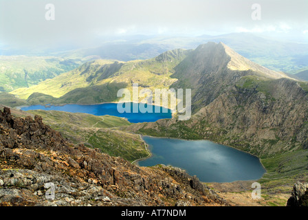 Glaslyn and Llyn Llydaw view from Garnedd Ugain - Crib y Ddysgl. Snowdonia National Park Stock Photo