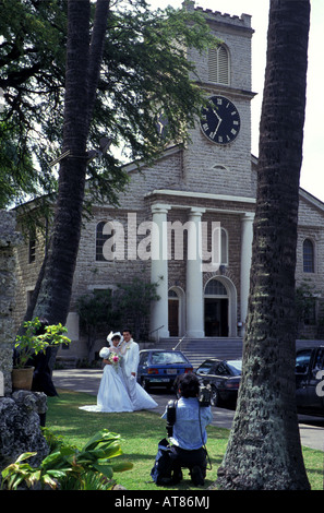 Japanese wedding at Kawaiahao Church, built of coral blocks, downtown Honolulu, Stock Photo