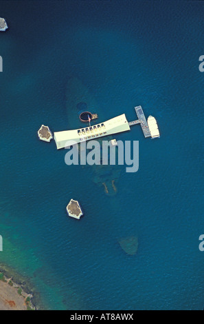 Aerial shot, horizontal view of the Arizona Memorial tourist attraction at Pearl Harbor on Oahu. Photo is vertical format. Stock Photo