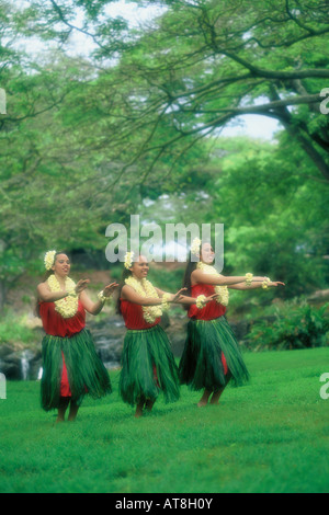 Three Hula Dancers in ti leaf skirts and yellow plumeria leis performing an Auana style hula Stock Photo