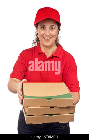 A pizza delivery woman holding three boxes Isolated on white Stock Photo