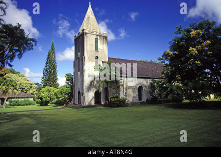 Crisp shot of missionary-era Wananalua Congregational Church, Hana, surrounded with lush groomed grounds. Stock Photo