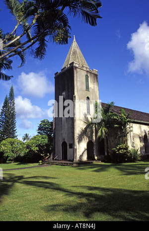 Crisp shot of missionary-era Wananalua Congregational Church, Hana, surrounded with lush groomed grounds. Stock Photo