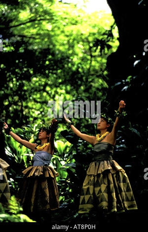 Two female hula dancers dressed in traditional costumes stretch their arms toward the sky at the Prince Lot Hula Festival at Stock Photo