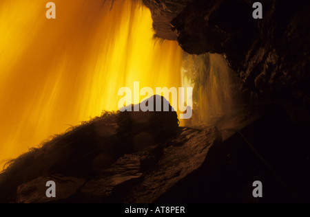 The sun shining through Sapo Falls and Sapito Falls,Canaima National Park,Venezuela. Stock Photo