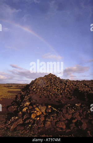 Rainbow over Mookini heiau on the big island Stock Photo