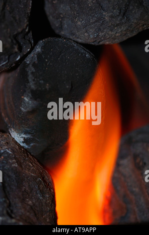 Closeup Of Gas Fire Flames & Artifical Coal. Stock Photo