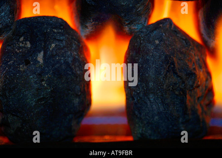 Closeup Of Gas Fire Flames & Artifical Coal. Stock Photo