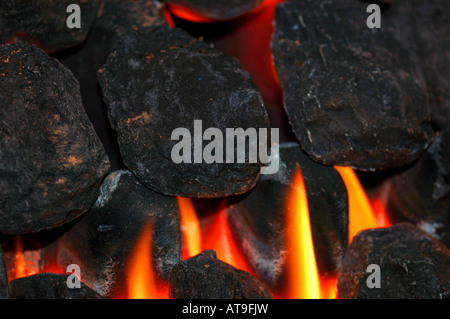 Closeup Of Gas Fire Flames & Artifical Coal. Stock Photo