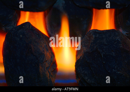 Closeup Of Gas Fire Flames & Artifical Coal. Stock Photo