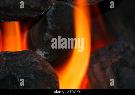 Closeup Of Gas Fire Flames & Artifical Coal. Stock Photo