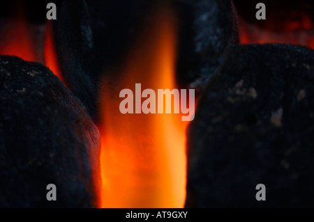 Closeup Of Gas Fire Flames & Artifical Coal. Stock Photo