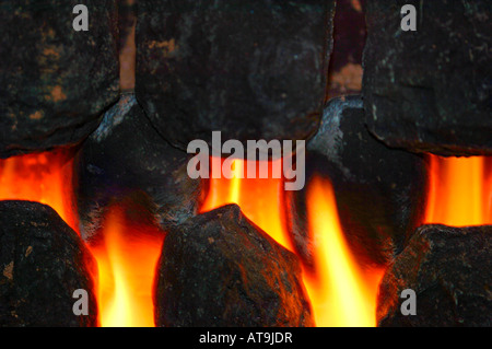 Closeup Of Gas Fire Flames & Artifical Coal. Stock Photo