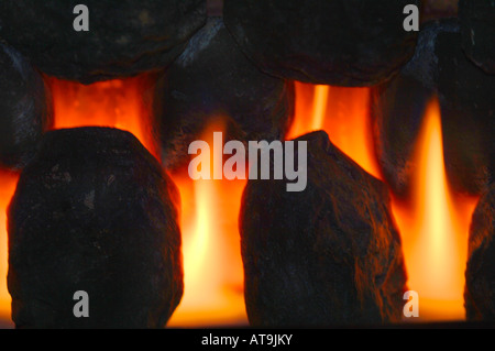 Closeup Of Gas Fire Flames & Artifical Coal. Stock Photo