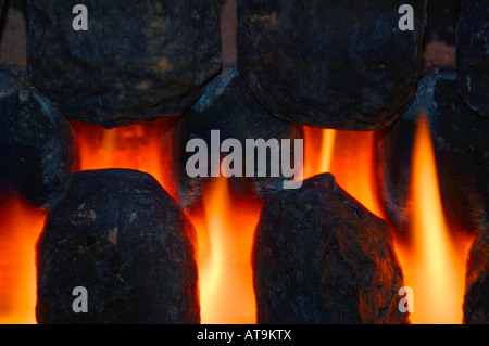 Closeup Of Gas Fire Flames & Artifical Coal. Stock Photo