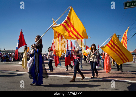 Vietnamese youth group banners at Tet parade Westminster California Stock Photo