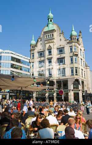 Copenhagen, Denmark.  Outdoor cafes in Hojbro Plads on Stroget street. Stock Photo