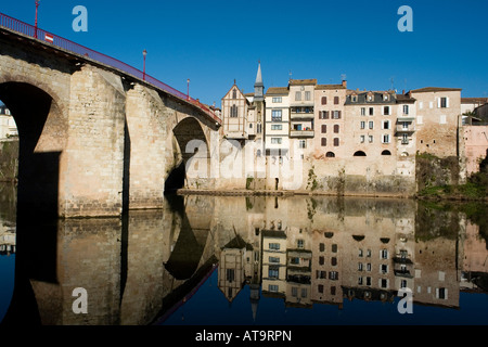 pont cleutats reflected in the river Lot Villeneuve Sur Lot Lot et Garonne France Stock Photo