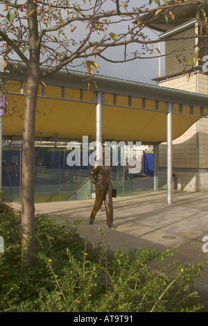 Modern statue of Cary Grant actor outside the Bristol Centre Bristol UK Large public square known as Millenium Square Stock Photo