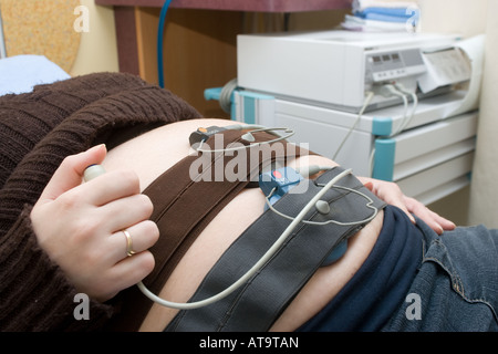 A patient receives a nonstress test NST at the CHUL hospital in Quebec City. NST is a Doppler time series recording of the heart Stock Photo