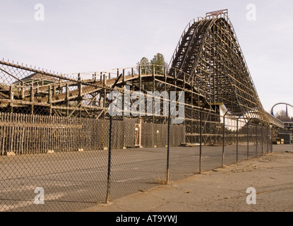 Wooden Rollercoaster Thunder Rroad at Carowinds Amusement Park on the SC and NC State Lines USA Stock Photo