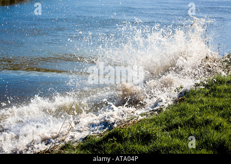 The Severn Bore breaking against the bank of the River Severn at Elmore Back, Gloucestershire UK on 21/03/2007 Stock Photo