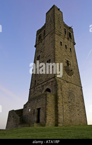 The Jubilee Victoria Tower on Castle Hill Almondbury The monument/folly overlooks the Town of Huddersfield West Yorkshire. Stock Photo